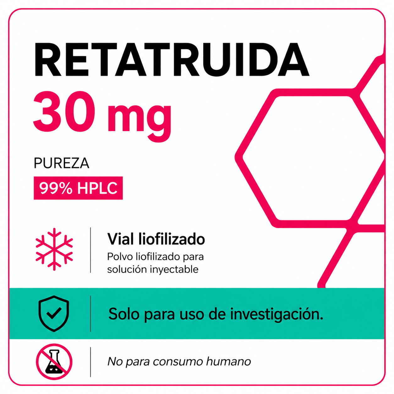 Tarjeta de producto Retatrutida 30 mg con pureza 99% HPLC y vial liofilizado