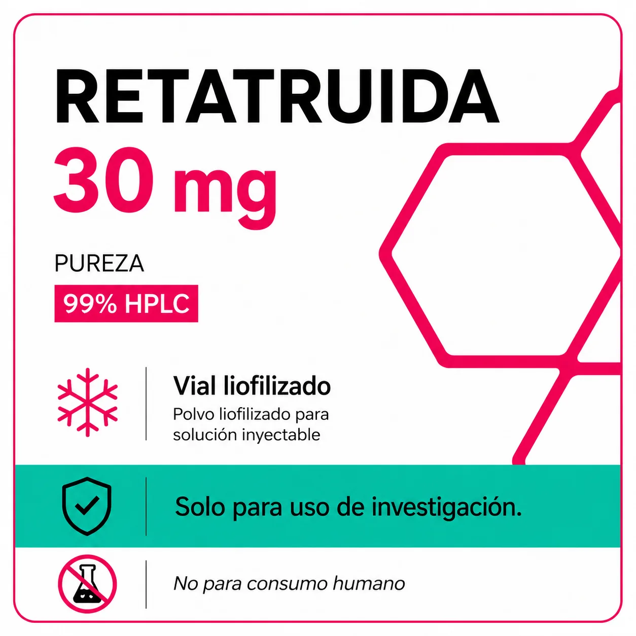 Tarjeta de producto Retatrutida 30 mg con pureza 99% HPLC y vial liofilizado