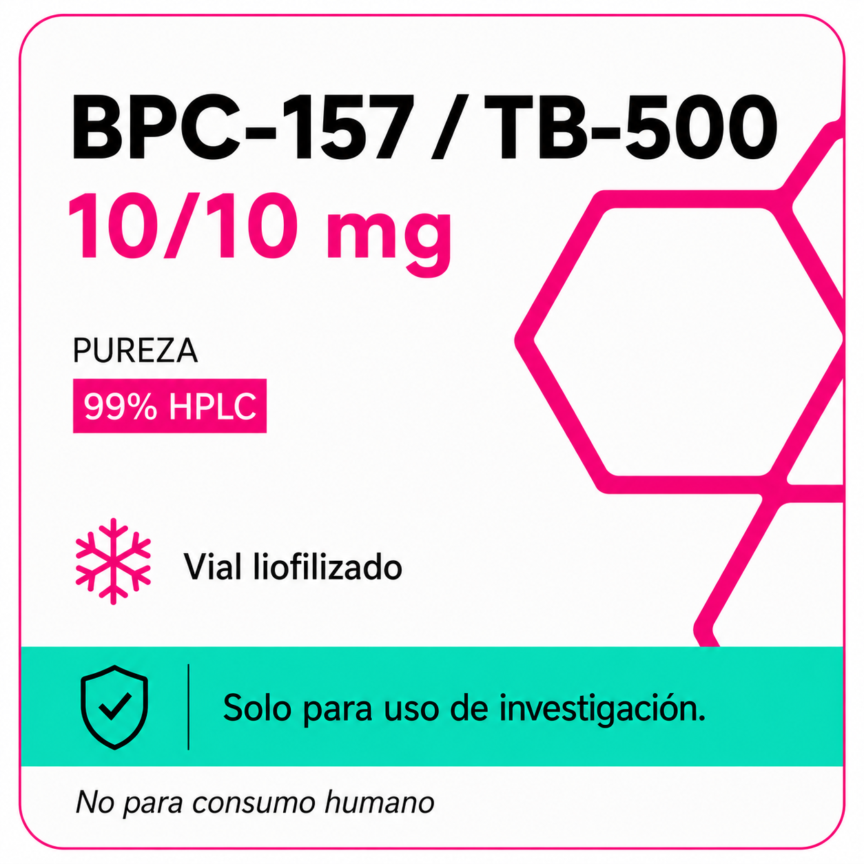 Tarjeta de producto BPC-157 / TB-500 10/10 mg con pureza 99% HPLC y vial liofilizado