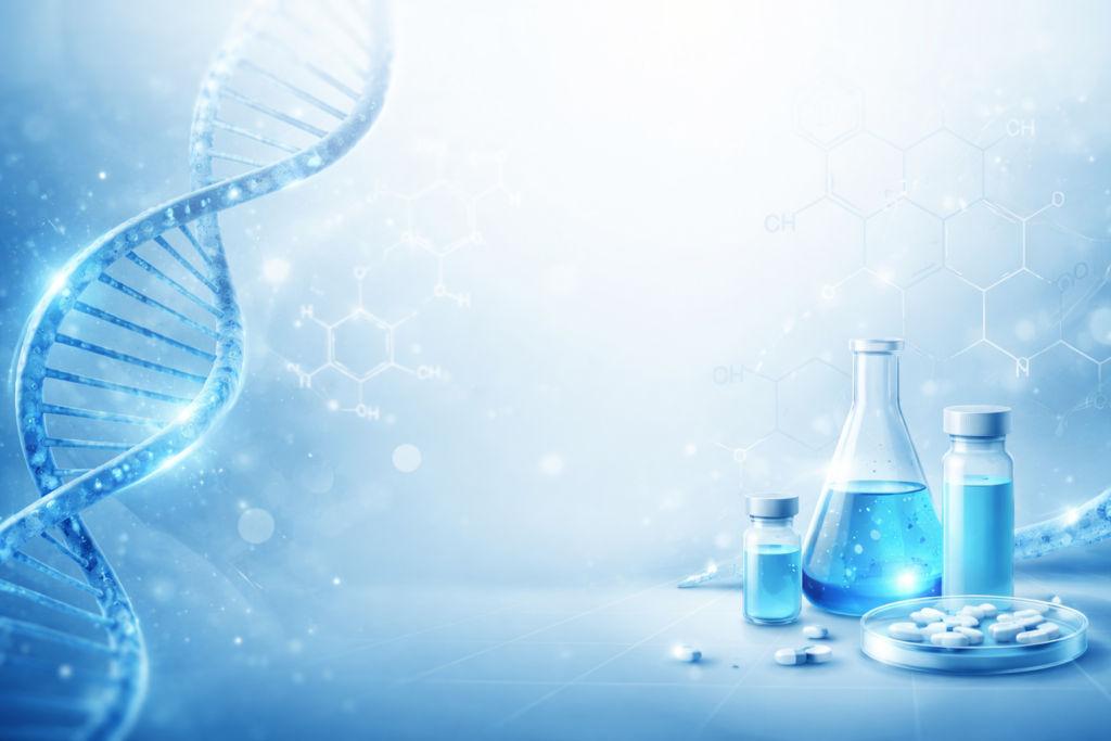 fondo de laboratorio con ADN y péptidos para optimización biológica