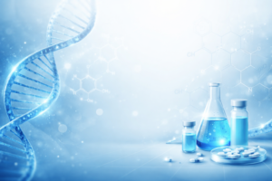 fondo de laboratorio con ADN y péptidos para optimización biológica