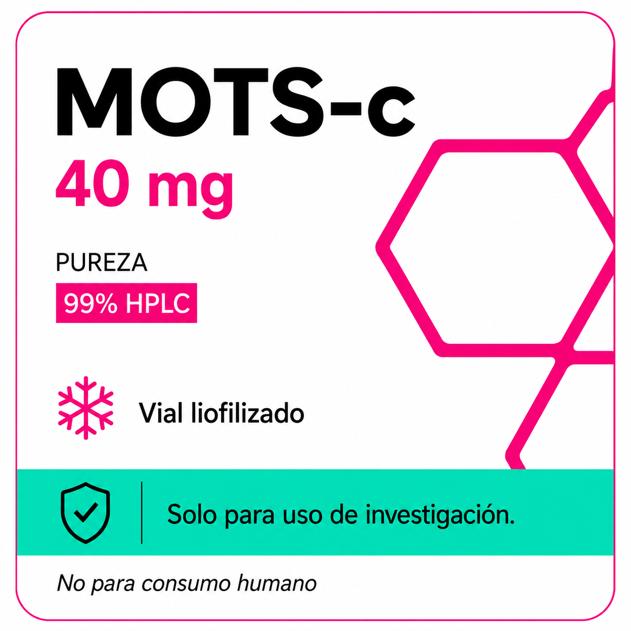 Tarjeta de producto MOTS-c 40 mg con pureza 99% HPLC y vial liofilizado