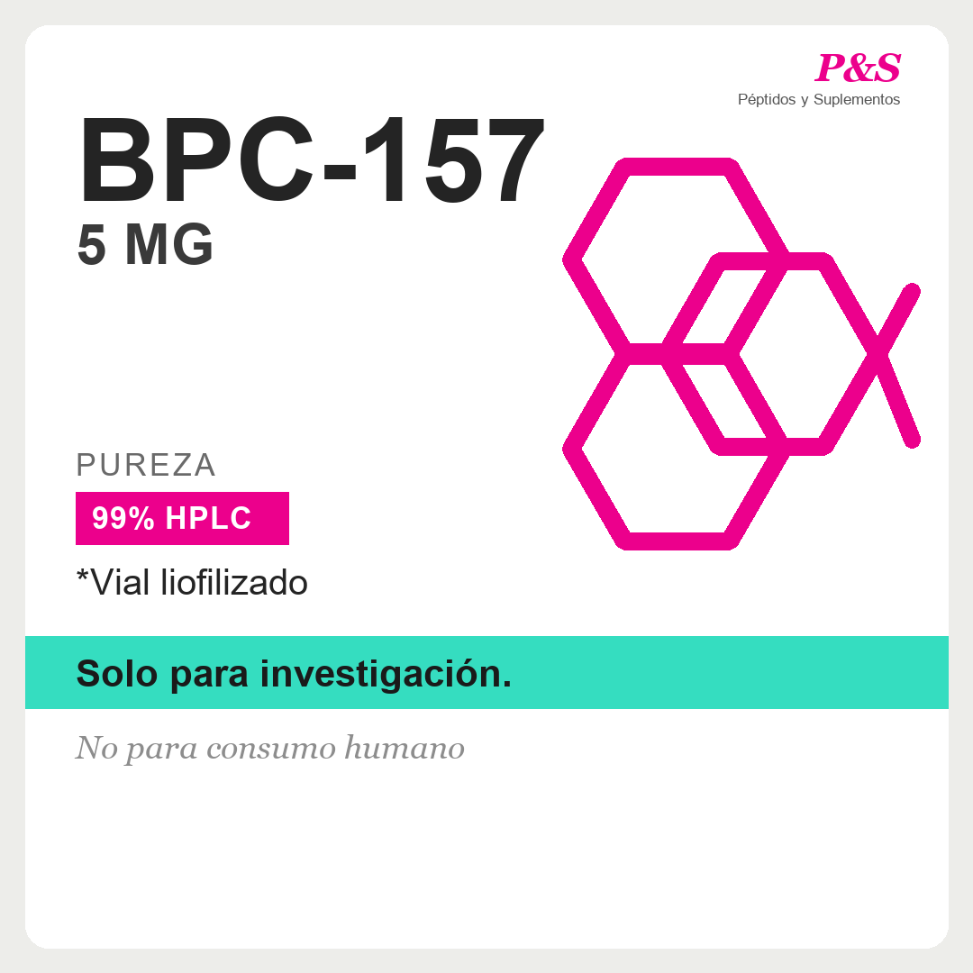 BPC-157 5mg presentación individual, vial liofilizado, etiqueta de producto PYS